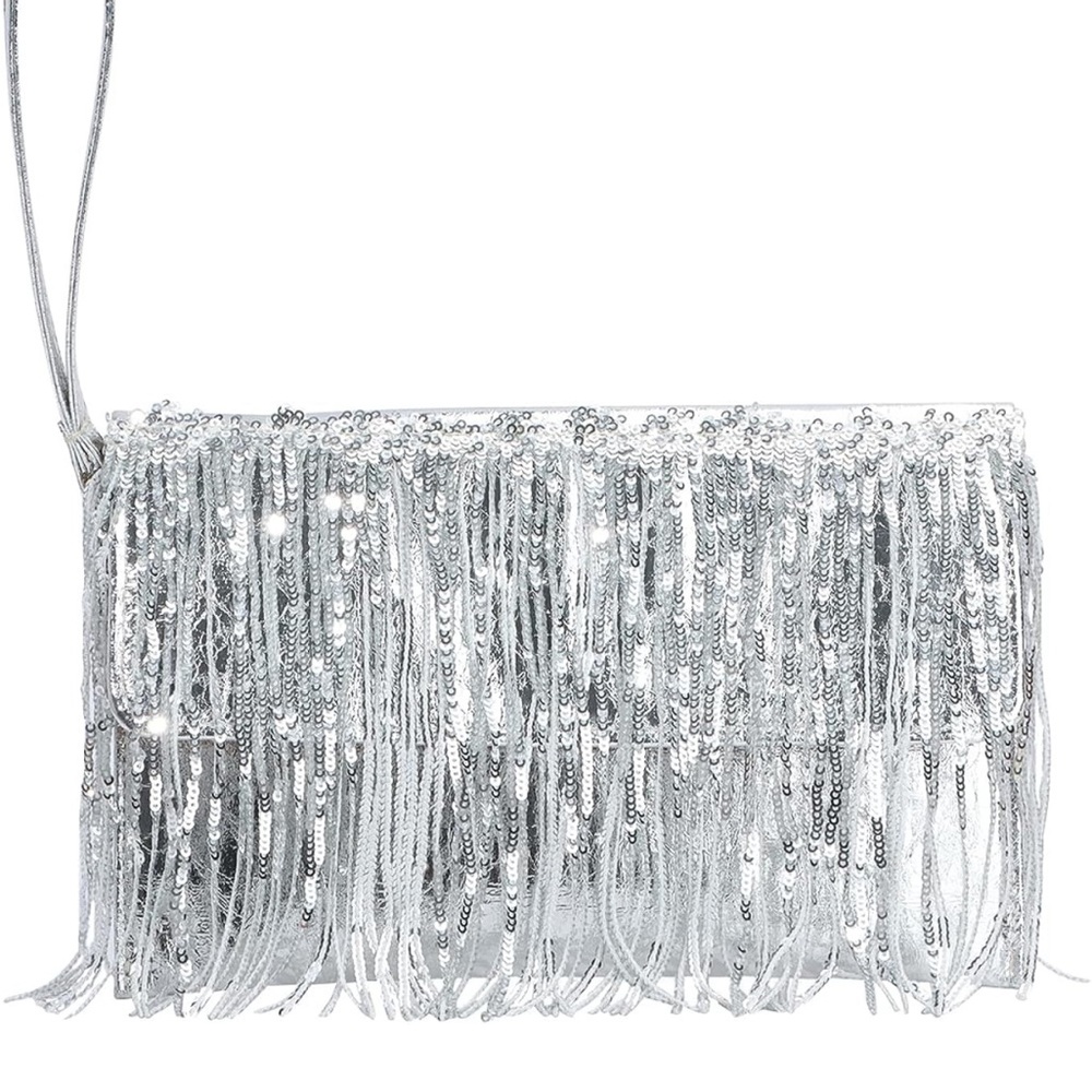 Women Sparkling Glitter Evening Clutch Handbag with Sequin Tassels